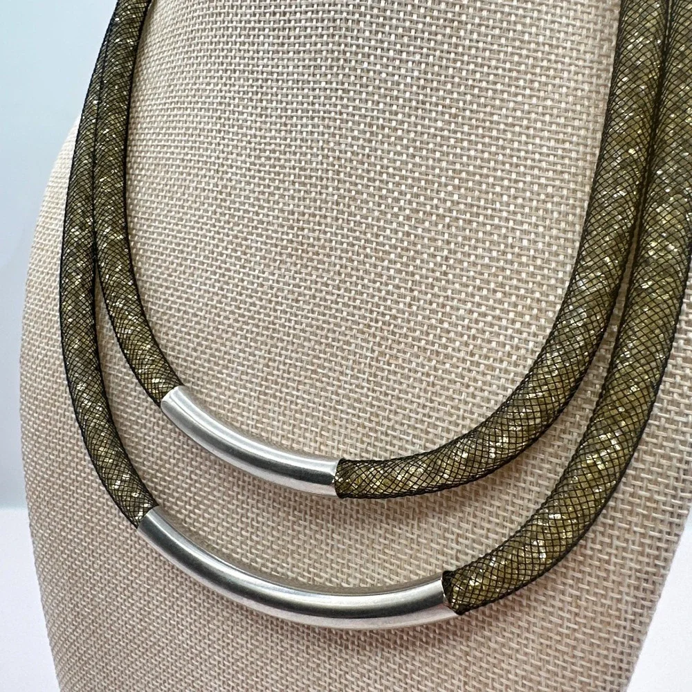 Vintage 90s Black Mesh Double Strand Glass Stone Necklace Silver Tone